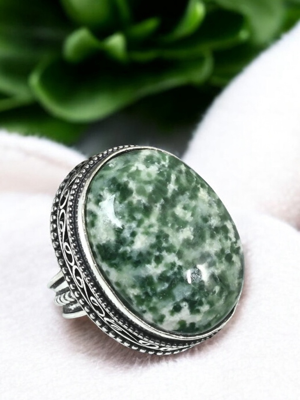 Green Tree Agate Silver Ring Size 7